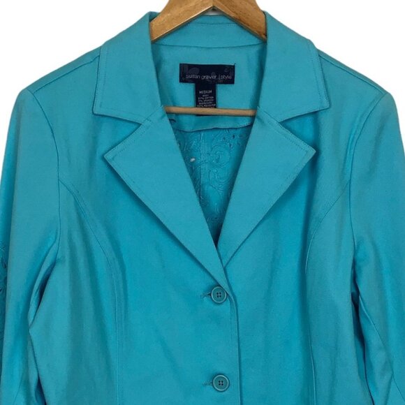 Vtg Y2K Susan Graver Turquoise Embroidered Cotton Blazer Jacket Women’s Medium - Picture 5 of 10